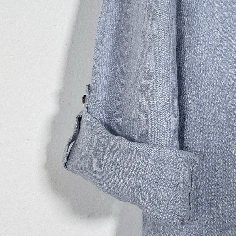 Tahari 100% Linen Tunic Shirt Womens Sz L Blue Roll Tab Sleeves Relaxed - Picture 4 of 12